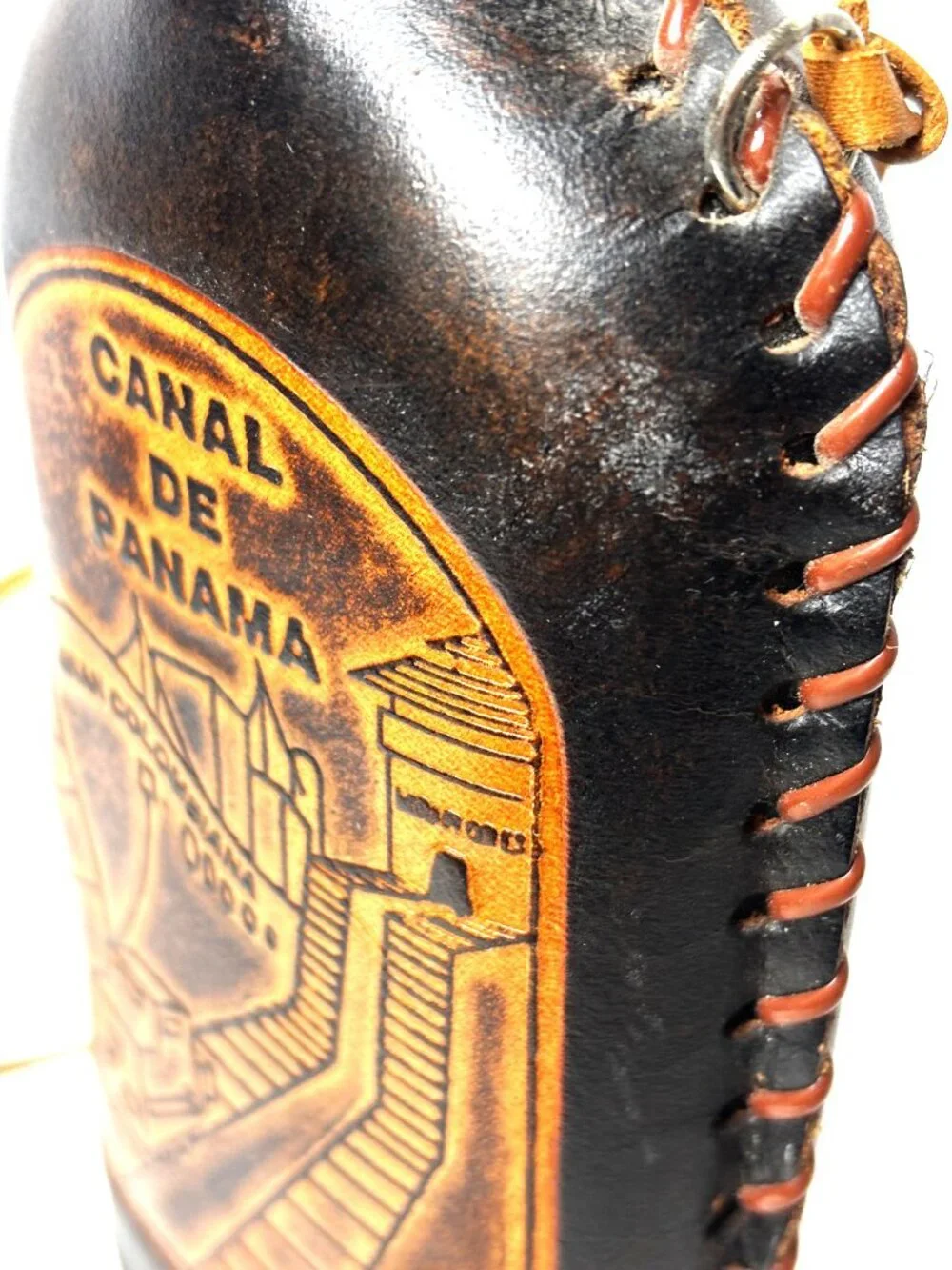 VTG Panama Leather Wrapped Glass Bottle Hand Tooled Souvenir Flask Decor